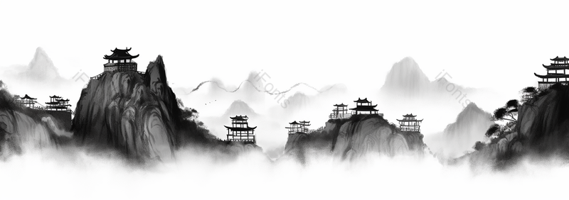 古风复古黑白水墨风格山上的凉亭古风建筑背景留白,插画/手绘图,插画/手绘图库,插画/手绘图下载,插画/手绘